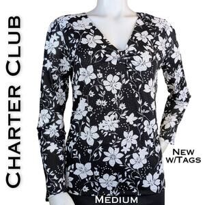 Charter Club Blouse Top Medium Black White Floral Long Sleeve Ruched V-Neck NEW